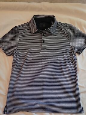 Men's Dark Navy & White Fresh Clean Friends brand Striped Polo Shirt NEVER WORN